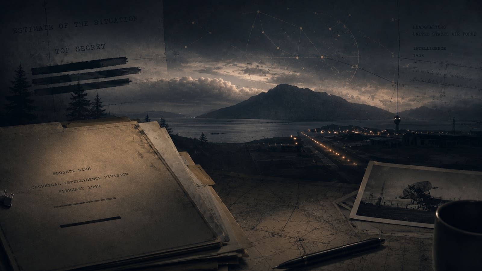 Composição editorial noturna com pastas militares, mapa, fotografia de uma antena de radar e documentos atribuídos ao Project Sign diante de uma paisagem montanhosa.